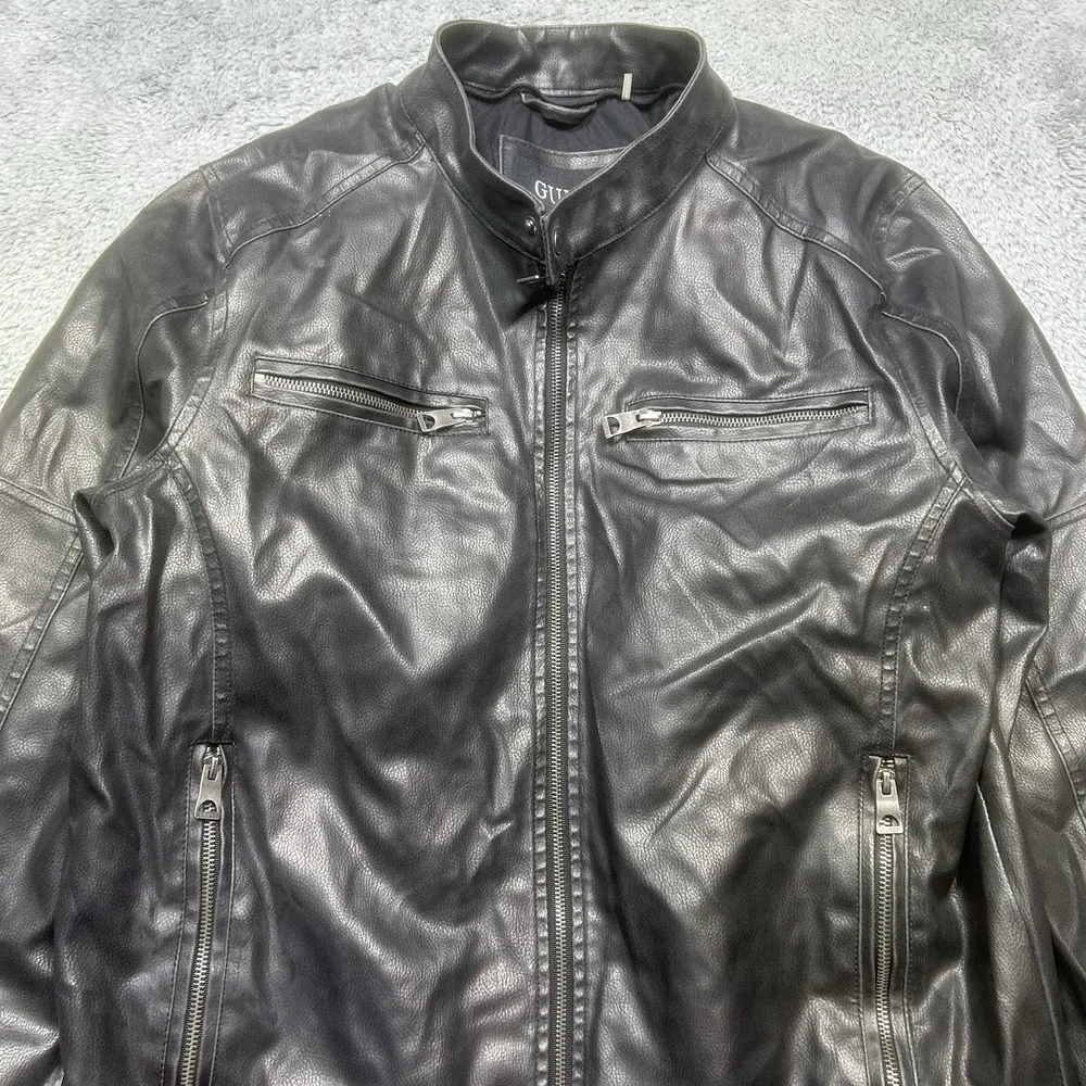 GUESS  Faux-Leather Jacket Men's L Black Moto Racer Coat Biker‎ Full Zip